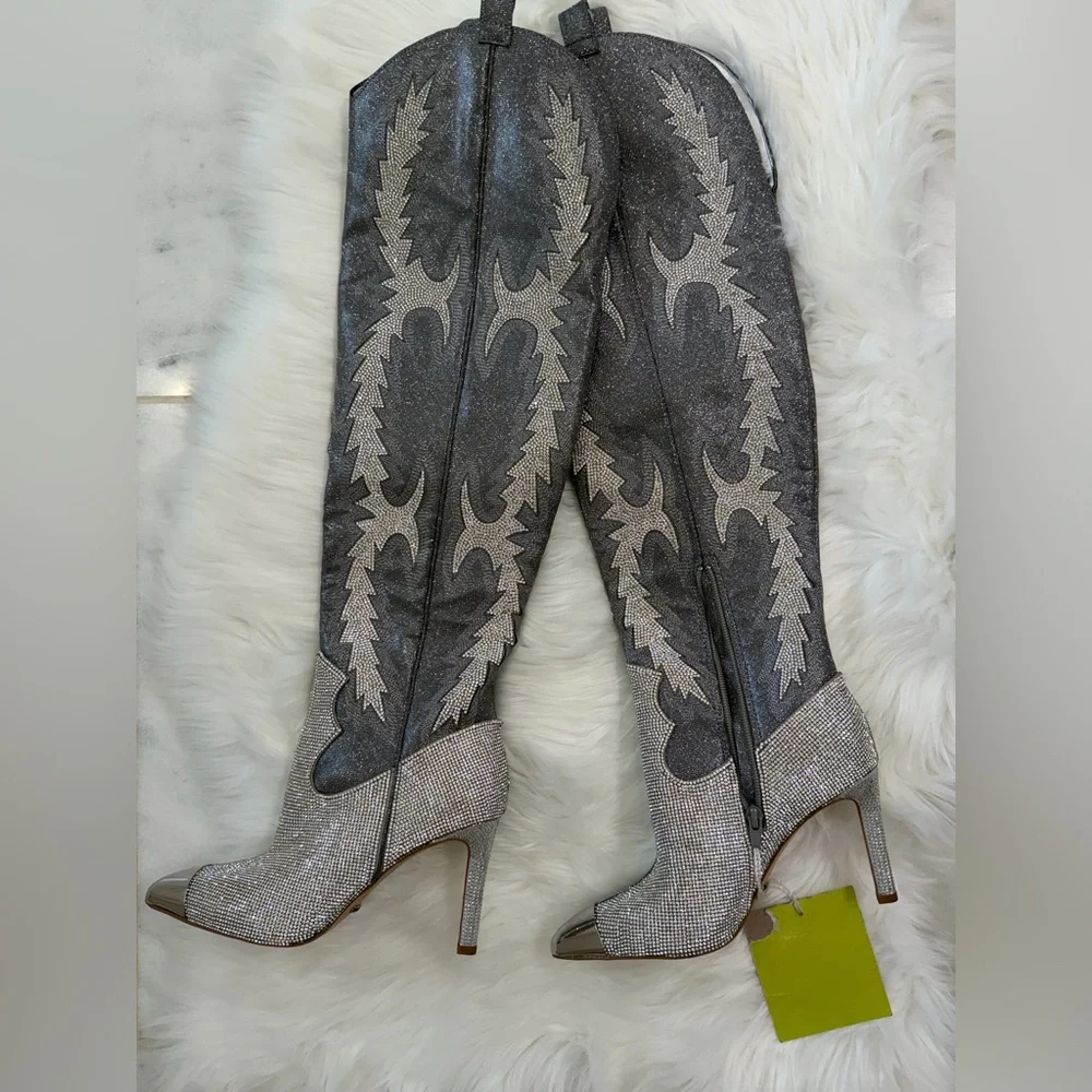 Gianni Bini Katyanna Rhinestone OTK Boots Silver NWT